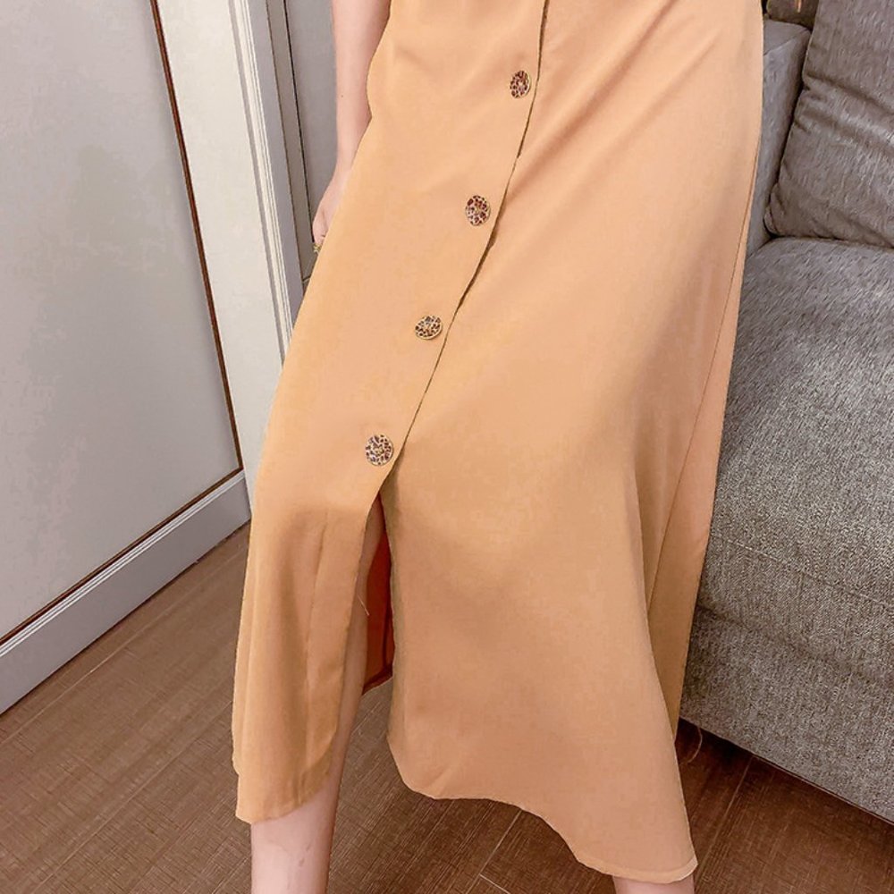 C050 Women Sexy Deep V neck Cotton Maxi Dress Short Sleeves Button Up Clothing - Picture 4 of 7